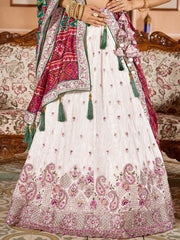 Cream Tissue Fabric Sequins embroidery Semi Stitched Lehenga & Unstitched Blouse With Green Color Dupatta