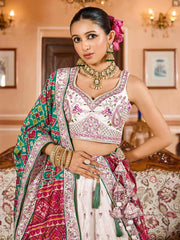 Cream Tissue Fabric Sequins embroidery Semi Stitched Lehenga & Unstitched Blouse With Green Color Dupatta