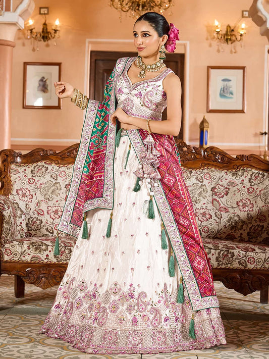Cream Tissue Fabric Sequins embroidery Semi Stitched Lehenga & Unstitched Blouse With Green Color Dupatta