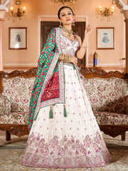 Cream Tissue Fabric Sequins embroidery Semi Stitched Lehenga & Unstitched Blouse With Green Color Dupatta