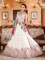 Cream Tissue Fabric Sequins embroidery Semi Stitched Lehenga & Unstitched Blouse With Green Color Dupatta