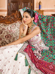 Cream Tissue Fabric Sequins embroidery Semi Stitched Lehenga & Unstitched Blouse With Green Color Dupatta