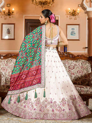 Cream Tissue Fabric Sequins embroidery Semi Stitched Lehenga & Unstitched Blouse With Green Color Dupatta