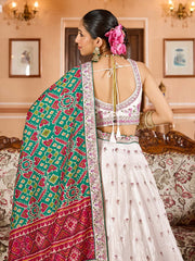 Cream Tissue Fabric Sequins embroidery Semi Stitched Lehenga & Unstitched Blouse With Green Color Dupatta