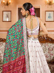 Cream Tissue Fabric Sequins embroidery Semi Stitched Lehenga & Unstitched Blouse With Green Color Dupatta