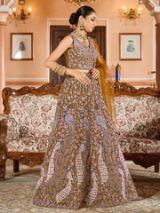 Mustard Net Fabric Sequins embroidery Semi Stitched Lehenga & Unstitched Blouse With Dupatta