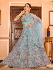 Turquoise blue Net Fabric Sequins embroidery Semi Stitched Lehenga & Unstitched Blouse With Dupatta