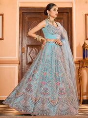 Turquoise blue Net Fabric Sequins embroidery Semi Stitched Lehenga & Unstitched Blouse With Dupatta