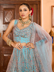 Turquoise blue Net Fabric Sequins embroidery Semi Stitched Lehenga & Unstitched Blouse With Dupatta