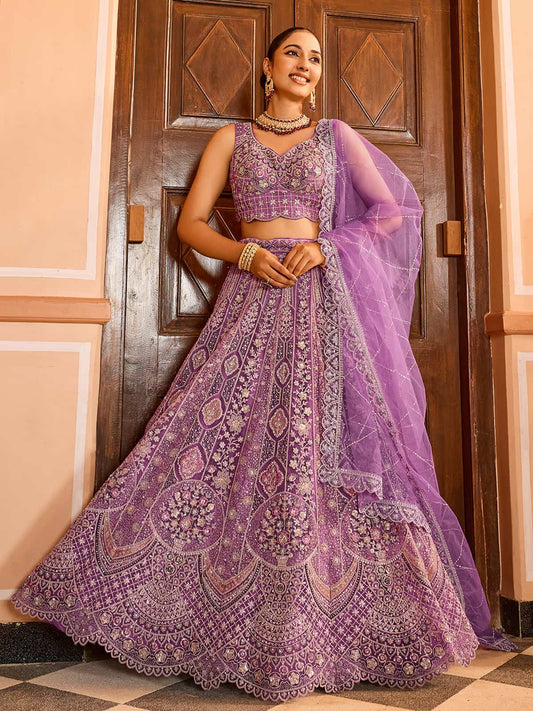 Lavender Net Fabric Sequins embroidery Semi Stitched Lehenga & Unstitched Blouse With Dupatta