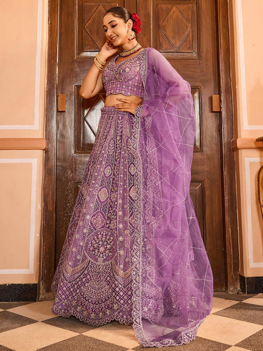 Lavender Net Fabric Sequins embroidery Semi Stitched Lehenga & Unstitched Blouse With Dupatta
