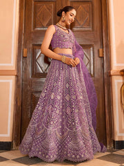 Lavender Net Fabric Sequins embroidery Semi Stitched Lehenga & Unstitched Blouse With Dupatta