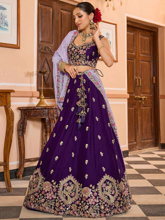 Purple Georgette Fabric Sequins embroidery Semi Stitched Lehenga & Unstitched Blouse With Dupatta