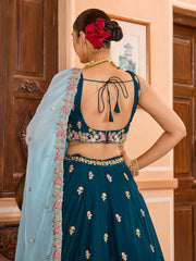 Teal Georgette Fabric Sequins embroidery Semi Stitched Lehenga & Unstitched Blouse With Dupatta