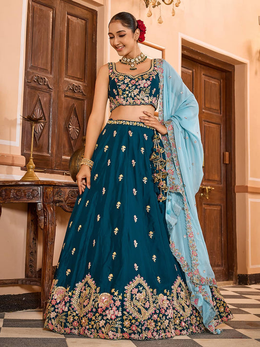 Teal Georgette Fabric Sequins embroidery Semi Stitched Lehenga & Unstitched Blouse With Dupatta