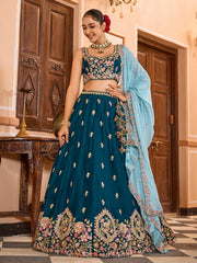 Teal Georgette Fabric Sequins embroidery Semi Stitched Lehenga & Unstitched Blouse With Dupatta