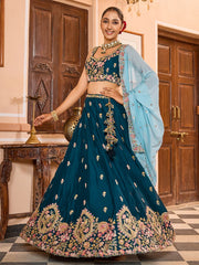 Teal Georgette Fabric Sequins embroidery Semi Stitched Lehenga & Unstitched Blouse With Dupatta