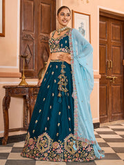 Teal Georgette Fabric Sequins embroidery Semi Stitched Lehenga & Unstitched Blouse With Dupatta