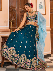 Teal Georgette Fabric Sequins embroidery Semi Stitched Lehenga & Unstitched Blouse With Dupatta