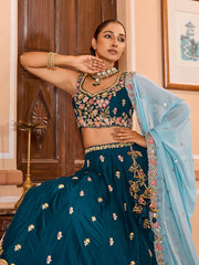 Teal Georgette Fabric Sequins embroidery Semi Stitched Lehenga & Unstitched Blouse With Dupatta