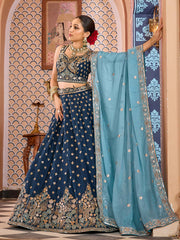 Navyblue Tissue Silk Fabric Sequins embroidery Semi Stitched Lehenga & Unstitched Blouse With Dupatta