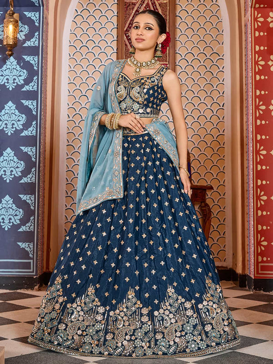 Navyblue Tissue Silk Fabric Sequins embroidery Semi Stitched Lehenga & Unstitched Blouse With Dupatta