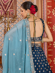 Navyblue Tissue Silk Fabric Sequins embroidery Semi Stitched Lehenga & Unstitched Blouse With Dupatta