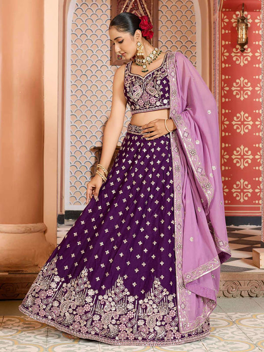 Burgundy Tissue Silk Fabric Sequins embroidery Semi Stitched Lehenga & Unstitched Blouse With Dupatta