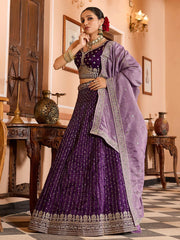 Purple Tissue Silk Fabric Sequins embroidery Semi Stitched Lehenga & Unstitched Blouse With Dupatta