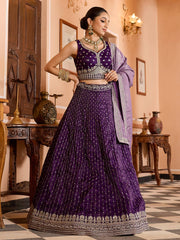Purple Tissue Silk Fabric Sequins embroidery Semi Stitched Lehenga & Unstitched Blouse With Dupatta
