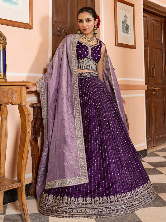Purple Tissue Silk Fabric Sequins embroidery Semi Stitched Lehenga & Unstitched Blouse With Dupatta