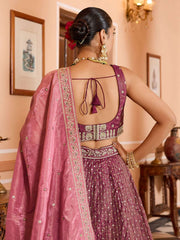 Rosegold Tissue Silk Fabric Sequins embroidery Semi Stitched Lehenga & Unstitched Blouse With Dupatta