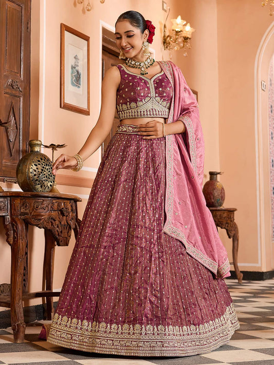 Rosegold Tissue Silk Fabric Sequins embroidery Semi Stitched Lehenga & Unstitched Blouse With Dupatta
