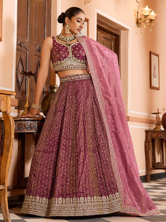 Rosegold Tissue Silk Fabric Sequins embroidery Semi Stitched Lehenga & Unstitched Blouse With Dupatta