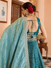 Teal Tissue Silk Fabric Sequins embroidery Semi Stitched Lehenga & Unstitched Blouse With Dupatta