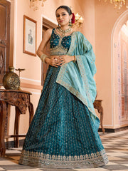 Teal Tissue Silk Fabric Sequins embroidery Semi Stitched Lehenga & Unstitched Blouse With Dupatta