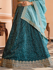 Teal Tissue Silk Fabric Sequins embroidery Semi Stitched Lehenga & Unstitched Blouse With Dupatta