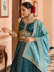 Teal Tissue Silk Fabric Sequins embroidery Semi Stitched Lehenga & Unstitched Blouse With Dupatta