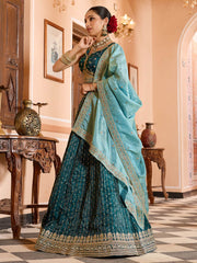 Teal Tissue Silk Fabric Sequins embroidery Semi Stitched Lehenga & Unstitched Blouse With Dupatta