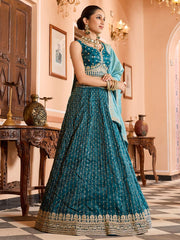 Teal Tissue Silk Fabric Sequins embroidery Semi Stitched Lehenga & Unstitched Blouse With Dupatta