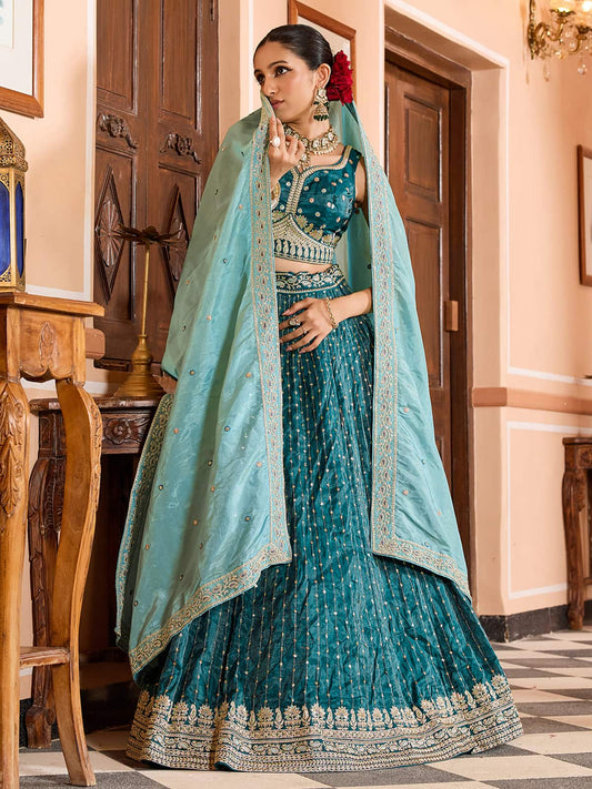 Teal Tissue Silk Fabric Sequins embroidery Semi Stitched Lehenga & Unstitched Blouse With Dupatta