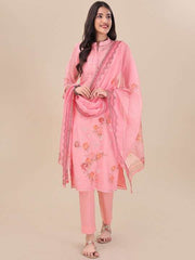 Pink Floral Embroidered Straight Kurta & Trousers With Dupatta