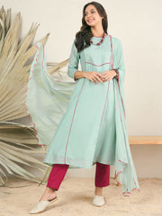 Green Self Design Chanderi Cotton A-Line Kurta With Trousers & Dupatta
