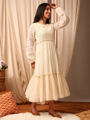 Off White Floral Embroidered Tiered Dress
