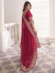 Magenta And Gold-Toned Polka Dots Embroidered Sequinned Saree