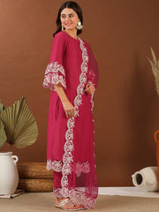Magenta Thread Work Round Neck Straight Kurta with Trousers & With Dupatta