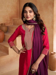 Magenta Yoke Design Regular Kurta with Trousers & Dupatta