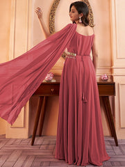 Peach Sleeveless Maxi Ethnic Dress With Embellished Belt