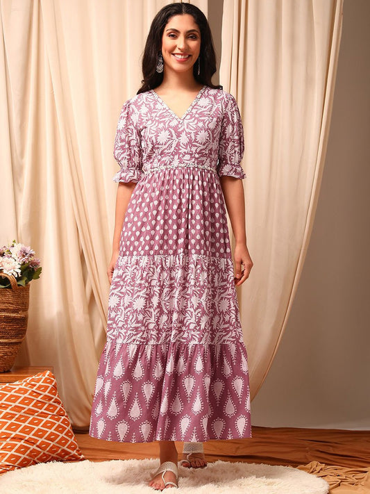 Pink and white Floral Printed Tiered Ethnic Dress