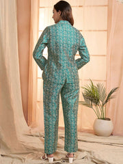 Green and beige Floral Woven Design Shirt & Trousers Ethnic Co-Ords